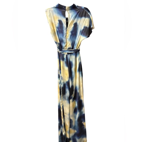 Mango MNG Satin Jumpsuit Draped Neck Wide Leg Belted Blue Print Small - Picture 9 of 9